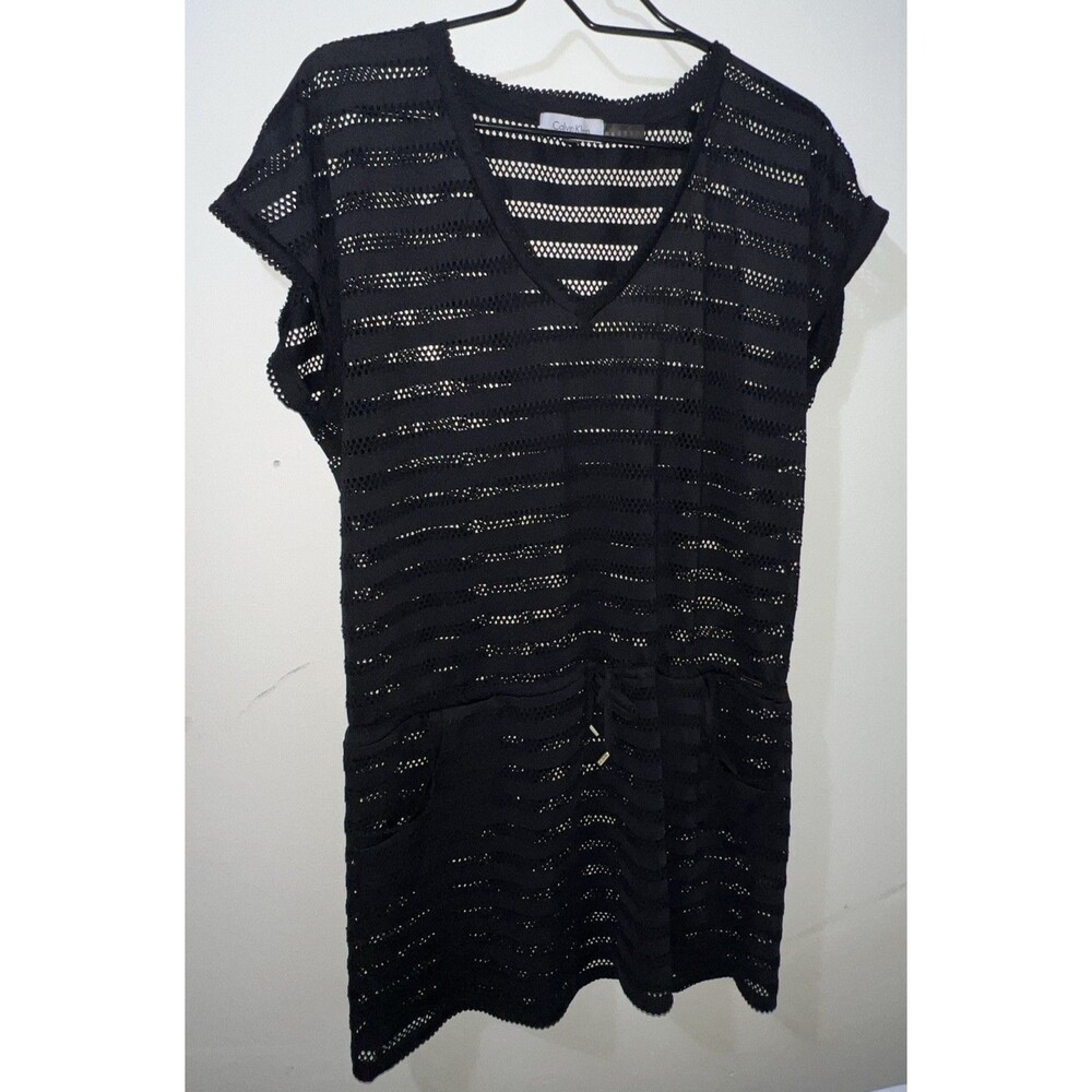 Calvin Klein Swimwear Black Tunic Cover Up Dress Womens Open-Knit Striped V-Neck
